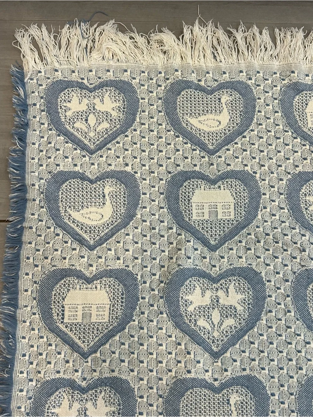 Vtg Woven Tapestry Throw Blanket Hearts Ducks Cottagecore Farmhouse Fringe 44x50